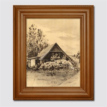 Hand Painted Vintage Ink Rendering on Wood of A Countryside House,by myDaVinci - myDaVinci